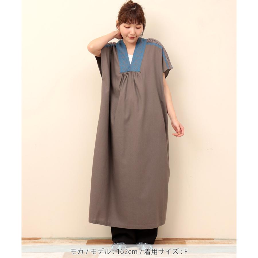 ◇トリーバーチ【L】ロングワンピース　カットソーワンピース　総柄　カジュアル チチカカ ロングワンピース レディース 春 夏 半袖 五分袖 V