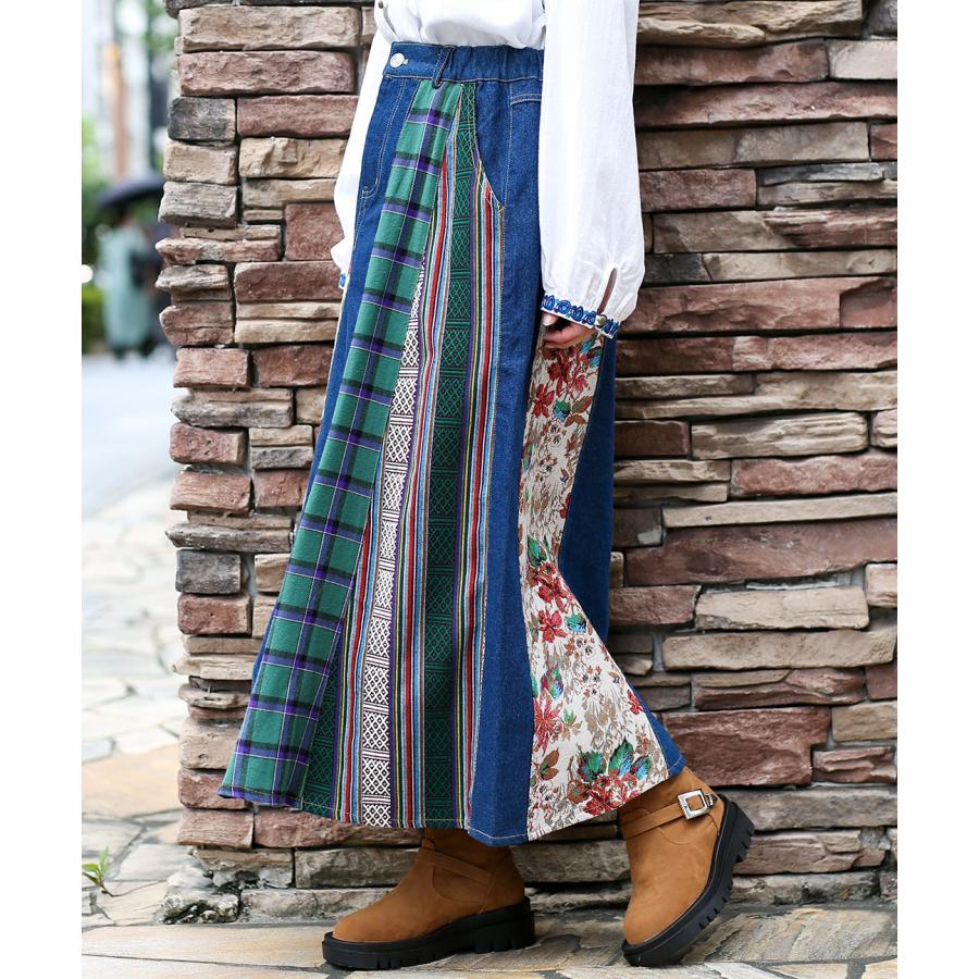 チチカカ ロングスカート 柄 パッチワーク フレア M L デニム