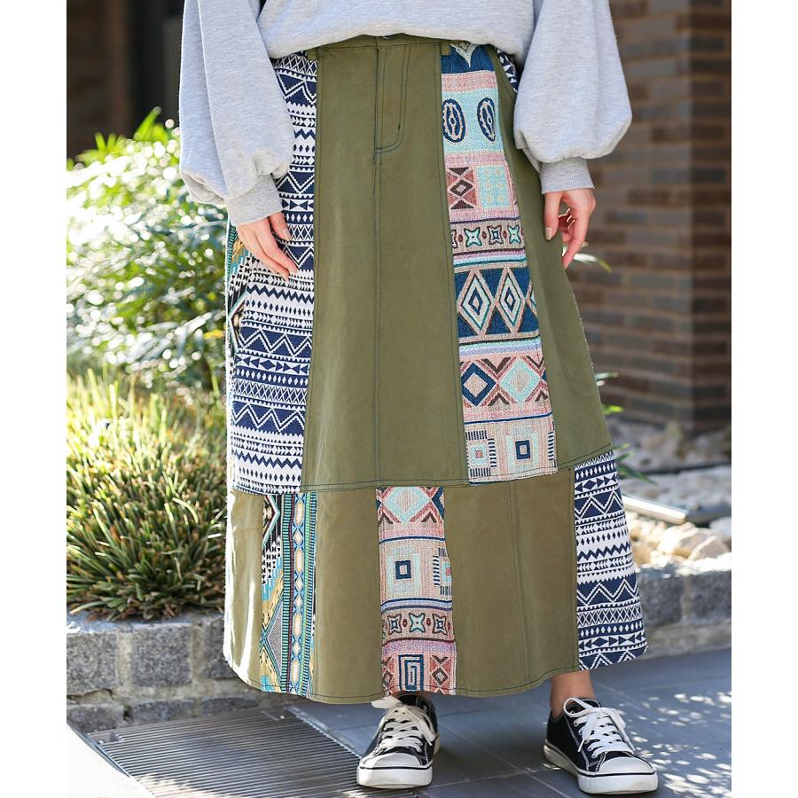 【チチカカ】リメイクパッチワークスカート ロング 幾何学柄 ボタニカル Aライン チチカカ（TITICACA） デニムスカート ロングスカート ボトムス
