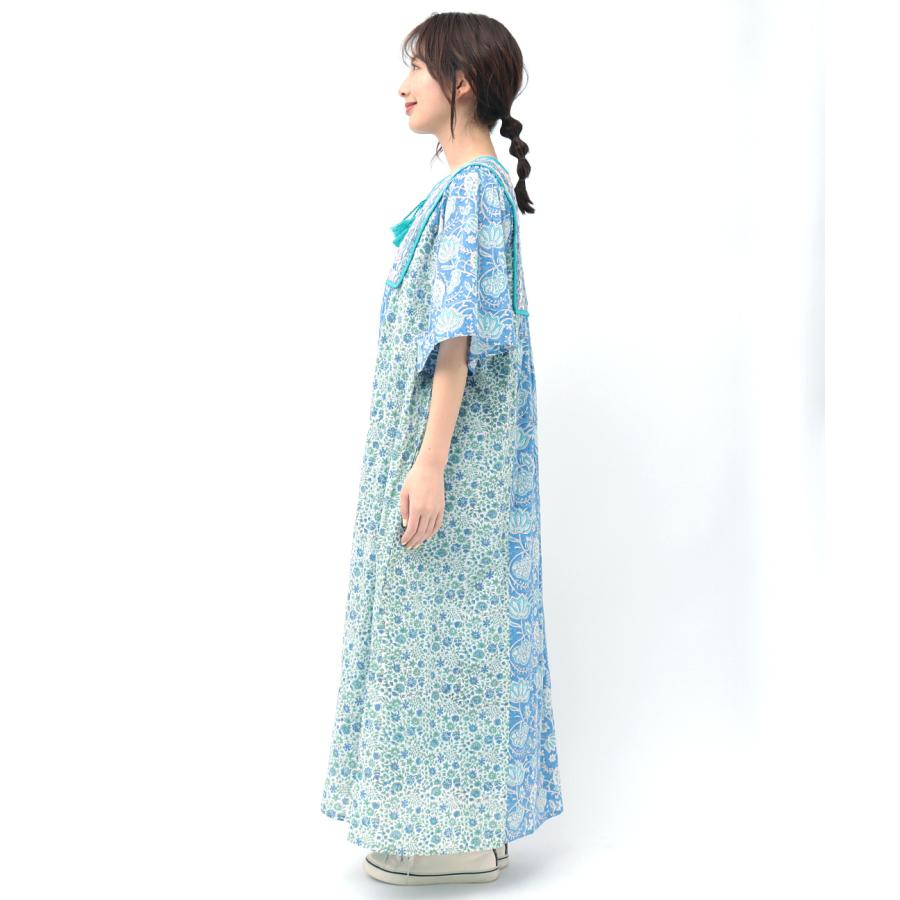 ブロックプリントワンピース インド綿 裏地あり インド綿ブロックプリントワンピース｜3つの柄切替が魅力の