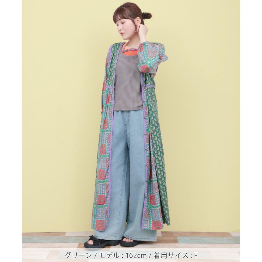 Rico エコフレンドリーダイ パッチブロックプリントワンピース ／ ロングワンピース 前開きワンピース レディース 半端袖 Vネック 総柄 フラワー ペイズリーの画像
