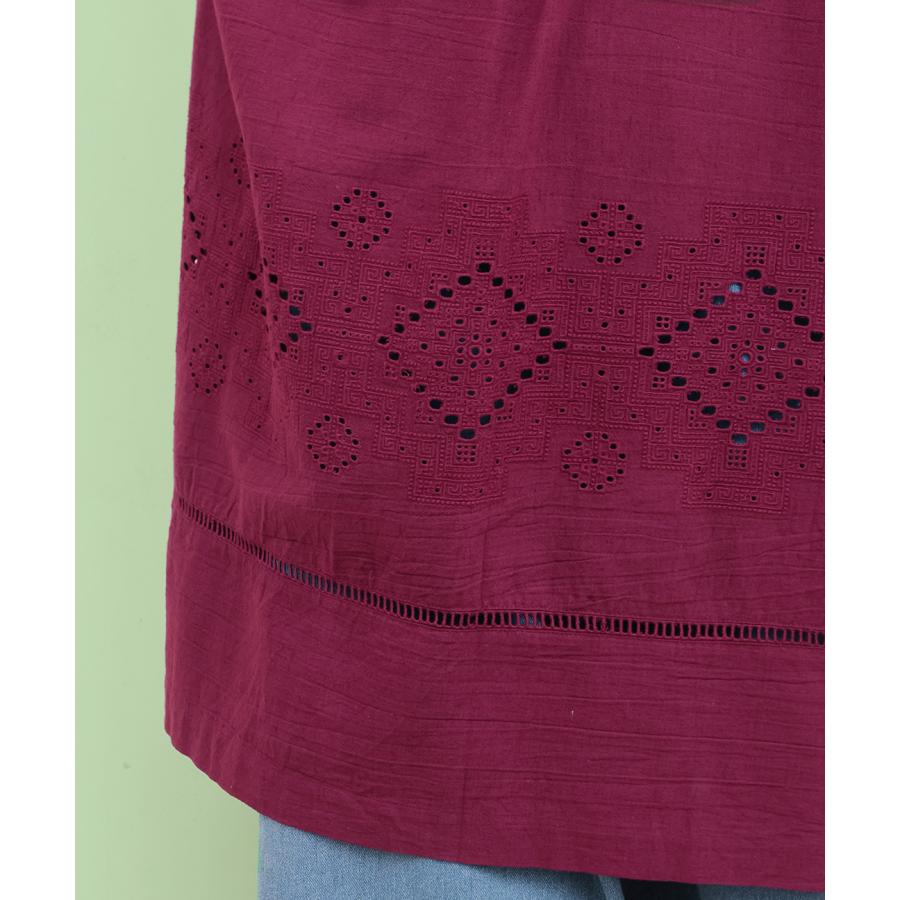 Rico カットワーク刺繍ワンピース ／ シャツワンピース 羽織り レディース 春 夏 半袖 Aライン ノーカラー シンプル ワンカラー インド 綿 麻 ナチュラルの画像