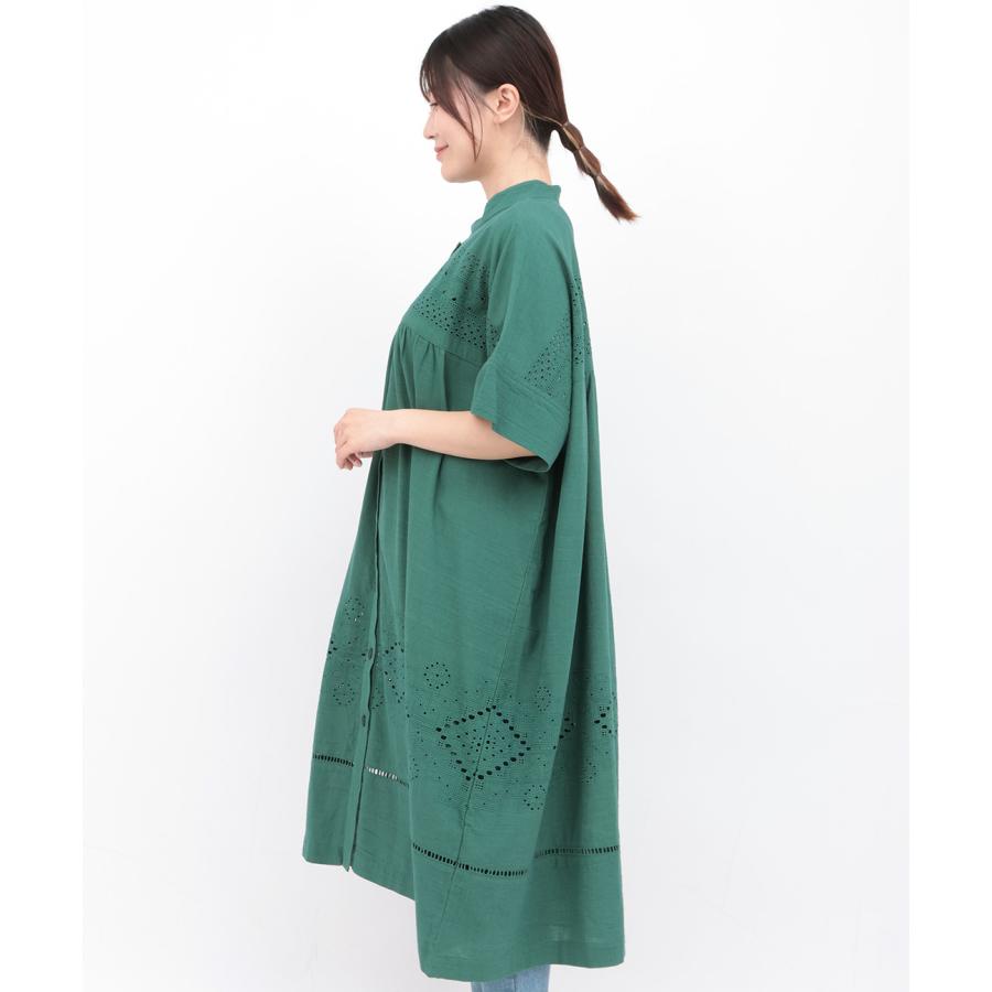 Rico カットワーク刺繍ワンピース ／ シャツワンピース 羽織り レディース 春 夏 半袖 Aライン ノーカラー シンプル ワンカラー インド 綿 麻 ナチュラルの画像