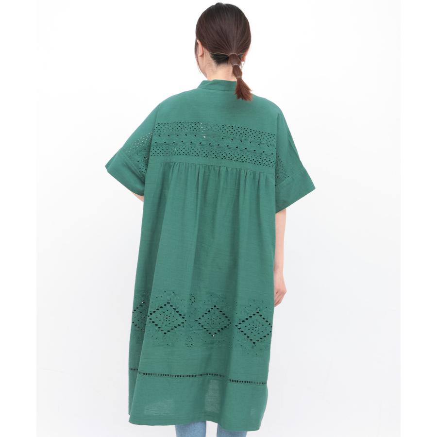 Rico カットワーク刺繍ワンピース ／ シャツワンピース 羽織り レディース 春 夏 半袖 Aライン ノーカラー シンプル ワンカラー インド 綿 麻 ナチュラルの画像