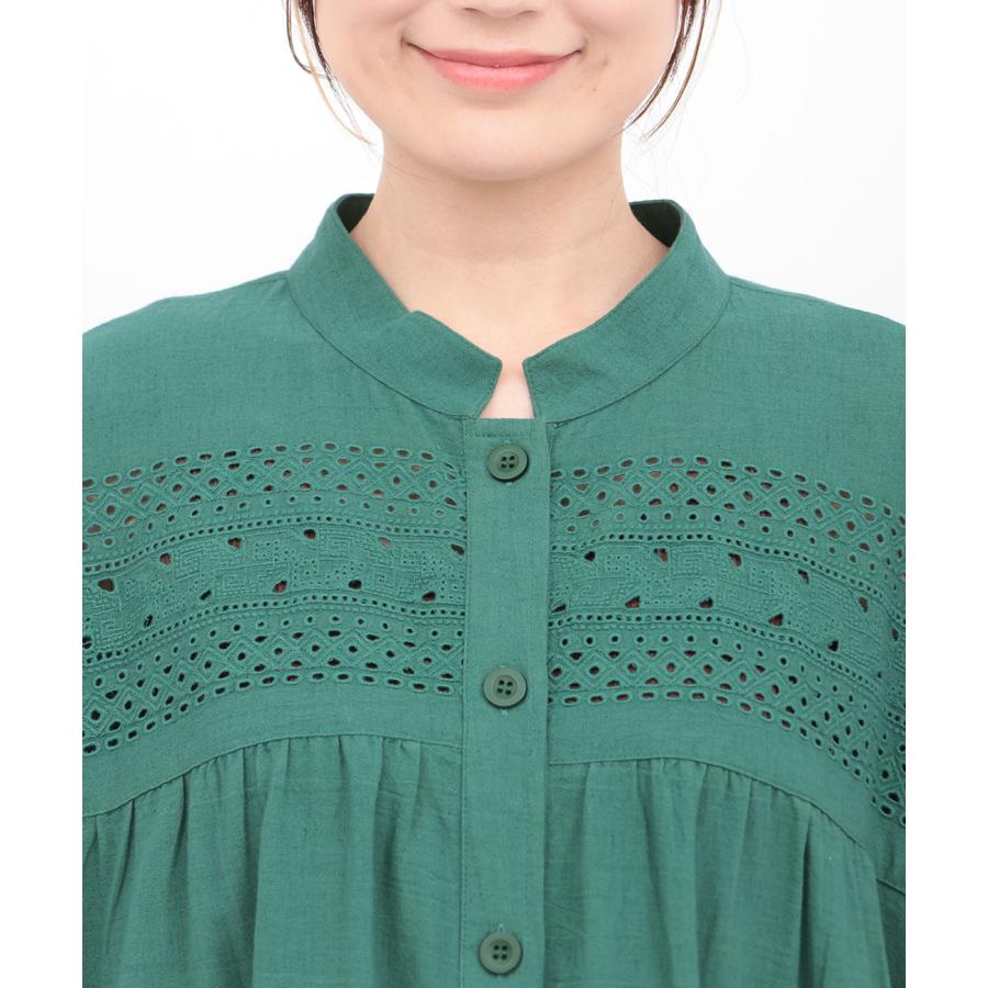 Rico カットワーク刺繍ワンピース ／ シャツワンピース 羽織り レディース 春 夏 半袖 Aライン ノーカラー シンプル ワンカラー インド 綿 麻 ナチュラルの画像