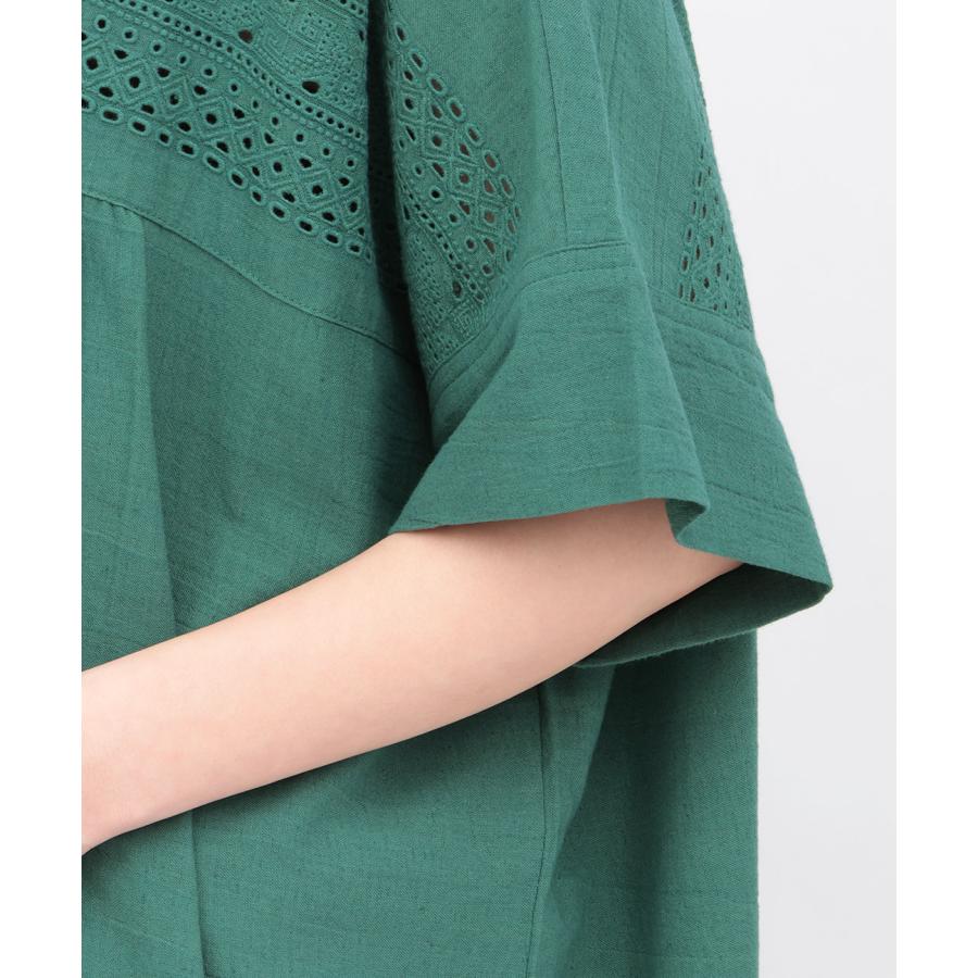 Rico カットワーク刺繍ワンピース ／ シャツワンピース 羽織り レディース 春 夏 半袖 Aライン ノーカラー シンプル ワンカラー インド 綿 麻 ナチュラルの画像
