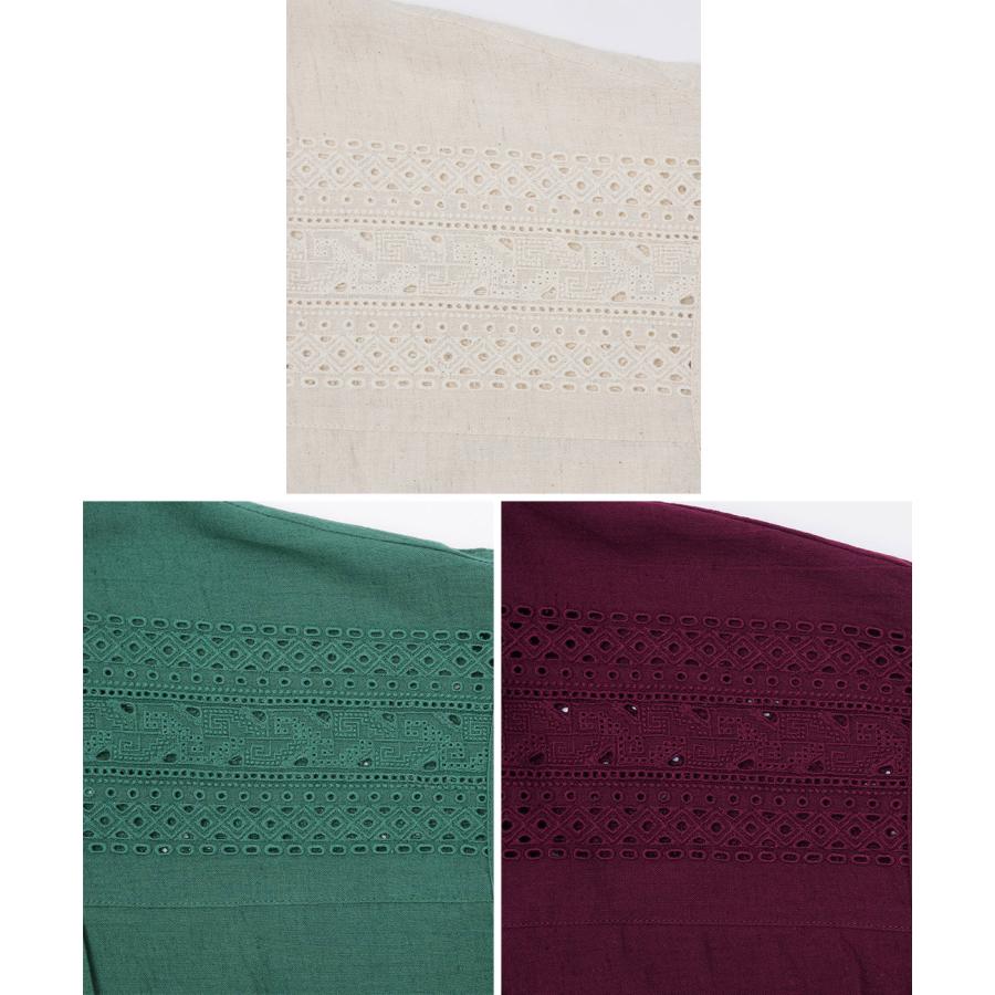 Rico カットワーク刺繍ワンピース ／ シャツワンピース 羽織り レディース 春 夏 半袖 Aライン ノーカラー シンプル ワンカラー インド 綿 麻 ナチュラルの画像