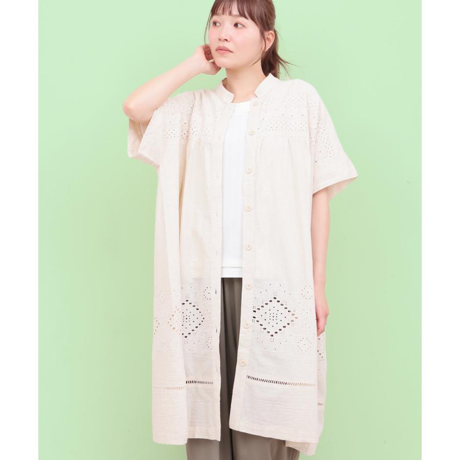 Rico カットワーク刺繍ワンピース ／ シャツワンピース 羽織り レディース 春 夏 半袖 Aライン ノーカラー シンプル ワンカラー インド 綿 麻 ナチュラルの画像
