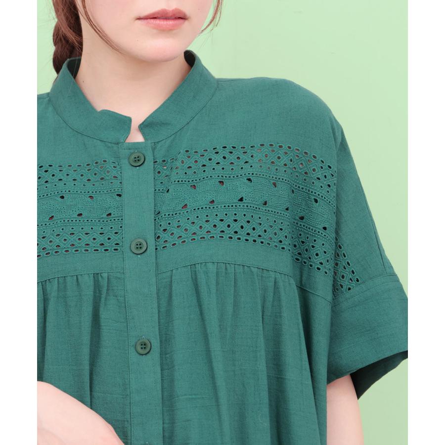 Rico カットワーク刺繍ワンピース ／ シャツワンピース 羽織り レディース 春 夏 半袖 Aライン ノーカラー シンプル ワンカラー インド 綿 麻 ナチュラルの画像