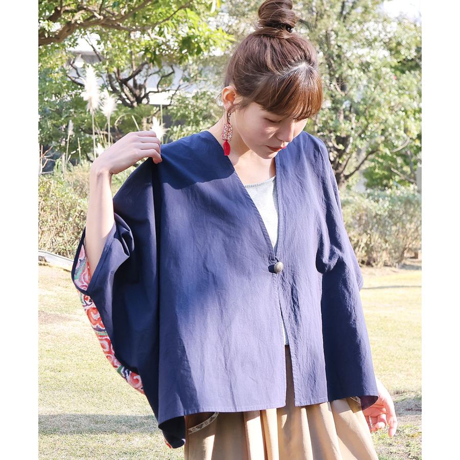 コンビスクエアカーディガン ／ ボレロ ガウン 羽織り はおり レディース 春 夏  半端袖 ドルマンスリーブ 薄手 布帛  バックシャン 切り替え コンチョボタン | チチカカ | 11