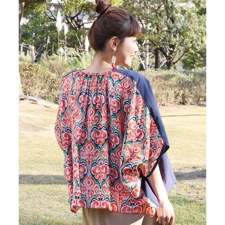 コンビスクエアカーディガン ／ ボレロ ガウン 羽織り はおり レディース 春 夏  半端袖 ドルマンスリーブ 薄手 布帛  バックシャン 切り替え コンチョボタン | チチカカ | 02