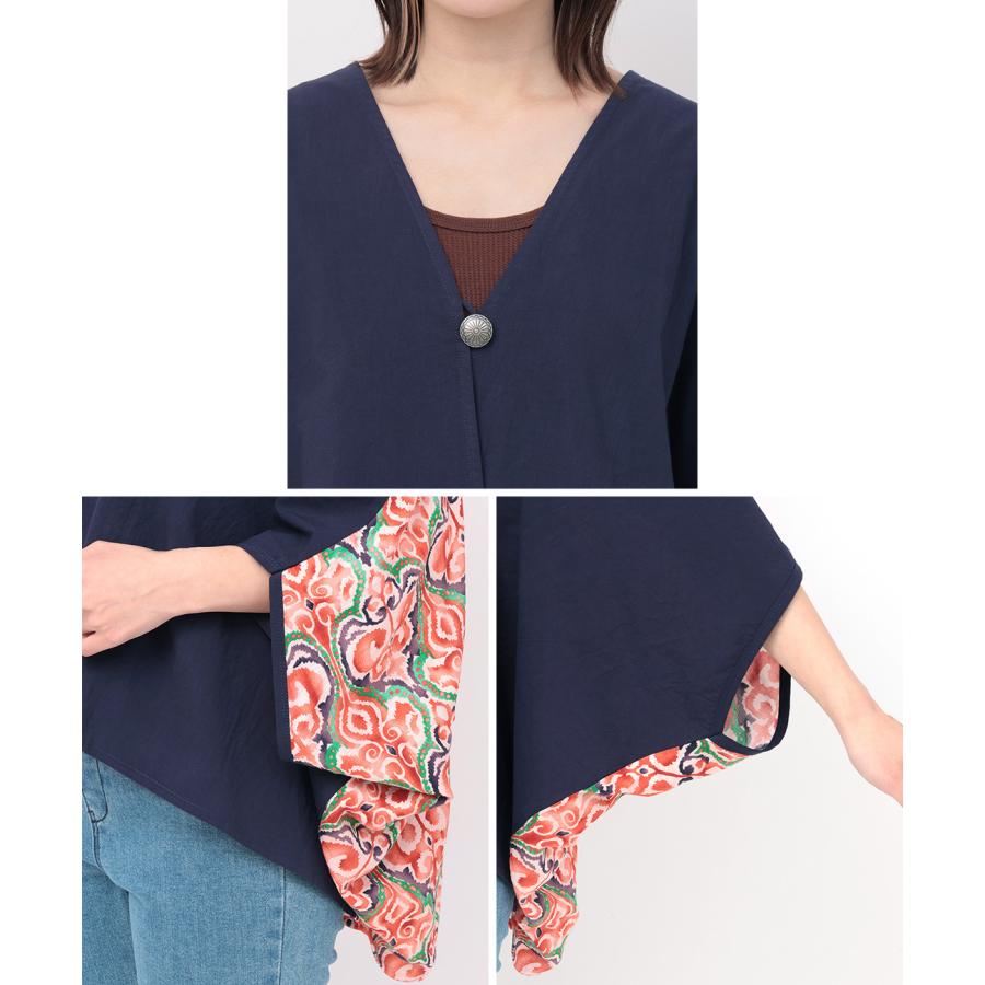 コンビスクエアカーディガン ／ ボレロ ガウン 羽織り はおり レディース 春 夏  半端袖 ドルマンスリーブ 薄手 布帛  バックシャン 切り替え コンチョボタン | チチカカ | 17