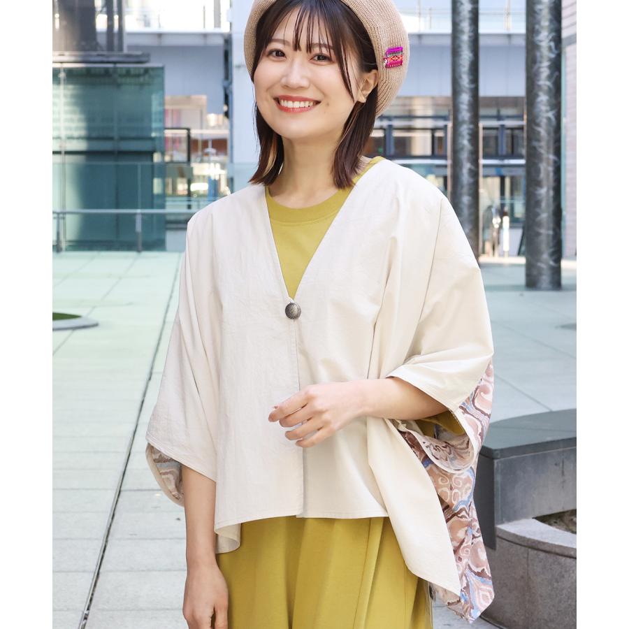 コンビスクエアカーディガン ／ ボレロ ガウン 羽織り はおり レディース 春 夏  半端袖 ドルマンスリーブ 薄手 布帛  バックシャン 切り替え コンチョボタン | チチカカ | 01