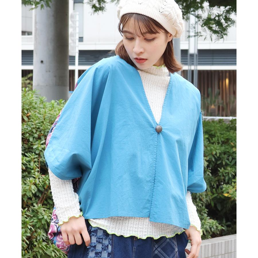 コンビスクエアカーディガン ／ ボレロ ガウン 羽織り はおり レディース 春 夏  半端袖 ドルマンスリーブ 薄手 布帛  バックシャン 切り替え コンチョボタン | チチカカ | 08