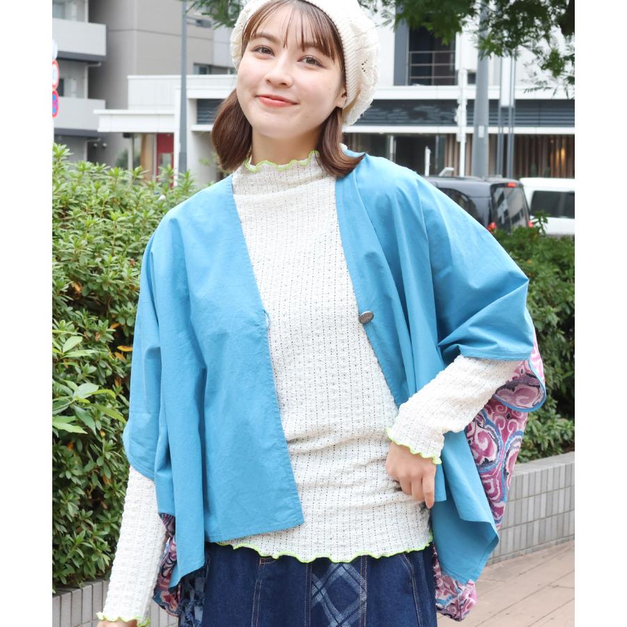 コンビスクエアカーディガン ／ ボレロ ガウン 羽織り はおり レディース 春 夏  半端袖 ドルマンスリーブ 薄手 布帛  バックシャン 切り替え コンチョボタン | チチカカ | 03