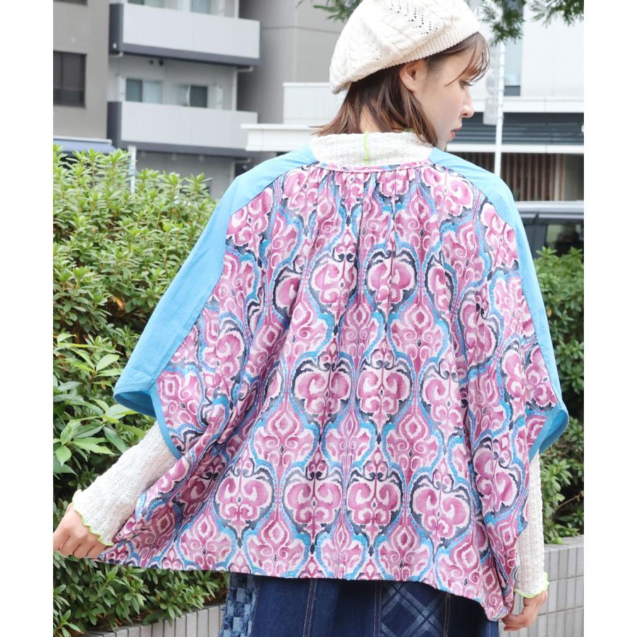 コンビスクエアカーディガン ／ ボレロ ガウン 羽織り はおり レディース 春 夏  半端袖 ドルマンスリーブ 薄手 布帛  バックシャン 切り替え コンチョボタン | チチカカ | 09