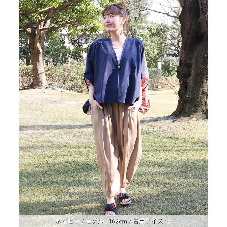 コンビスクエアカーディガン ／ ボレロ ガウン 羽織り はおり レディース 春 夏  半端袖 ドルマンスリーブ 薄手 布帛  バックシャン 切り替え コンチョボタン | チチカカ | 10