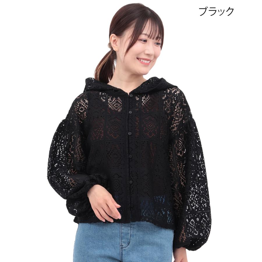 YOKANG 透け感レース風黒カーディガン ニット 透かしトッパーカーディガン ブラック レディース(M