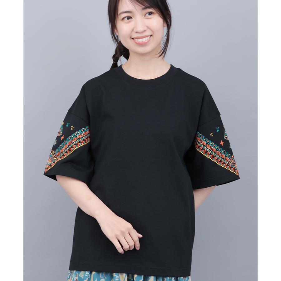【現行】45r 45rpm ドットバンダナの刺繍ビッグTシャツ　ピンク　春夏 チチカカ（TITICACA） バンダナスリーブ刺繍Tシャツ ／ Tシャツ 吸水速