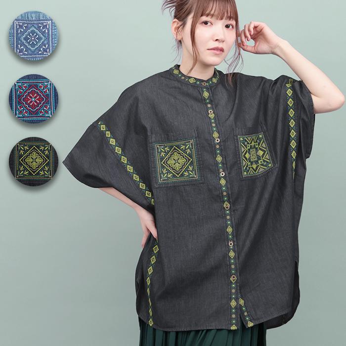 antiqua 極上刺繍とレースモチーフトップス&amp;デニムドルマシャツ 刺繍レースシャツ シャツ レディース トップス 送料無料・(100)メール