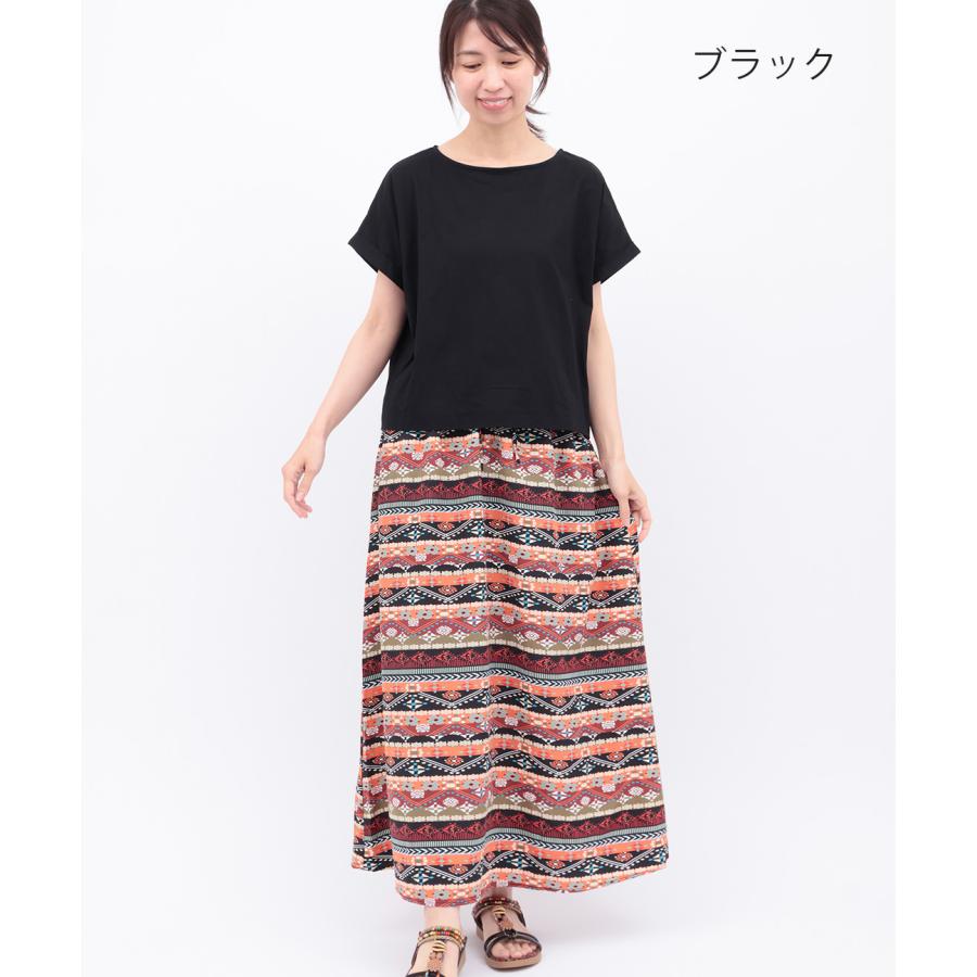 アソートプリントドッキングワンピース ／ ロングワンピース レディース 春 夏 半袖 上下 柄スカート 幾何学柄 ストライプ タイル レイヤード風 綿 裏地付きの画像