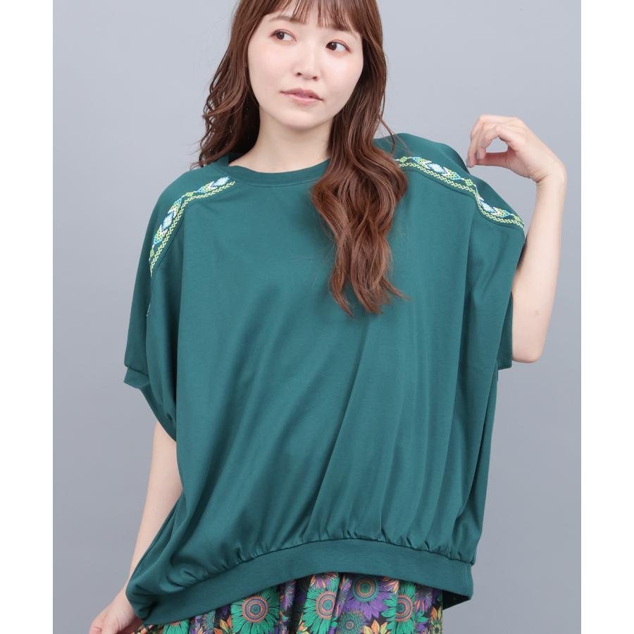 汗染み防止ドルマン刺繍プルオーバー ／ Tシャツ 接触冷感 UVカット 汗じみ防止 ドルマン プルオーバー 半袖 トップス レディース 涼しい ゆったり 体型カバーの画像