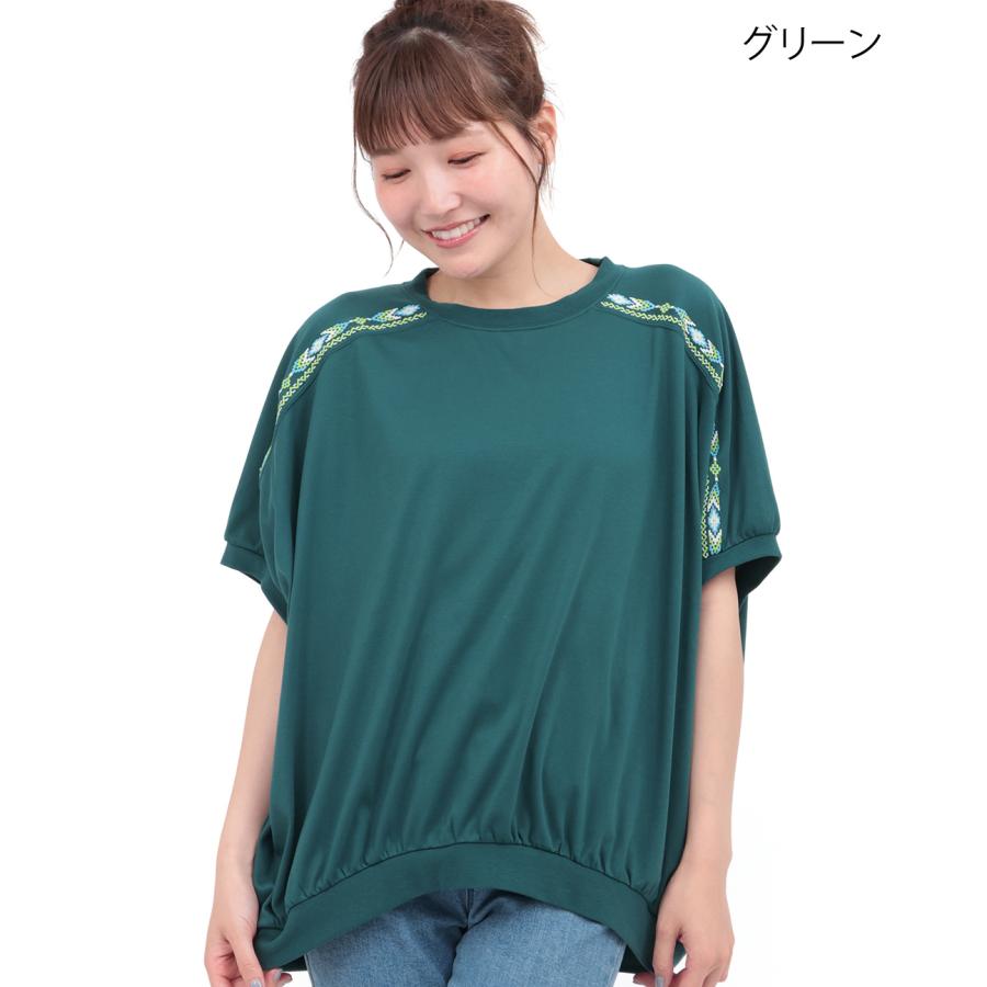 汗染み防止ドルマン刺繍プルオーバー ／ Tシャツ 接触冷感 UVカット 汗じみ防止 ドルマン プルオーバー 半袖 トップス レディース 涼しい ゆったり 体型カバーの画像