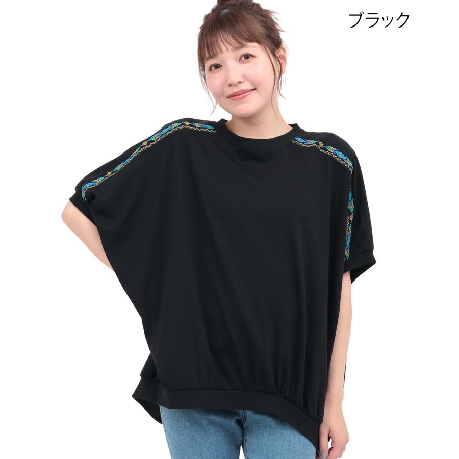 汗染み防止ドルマン刺繍プルオーバー ／ Tシャツ 接触冷感 UVカット 汗じみ防止 ドルマン プルオーバー 半袖 トップス レディース 涼しい ゆったり 体型カバーの画像