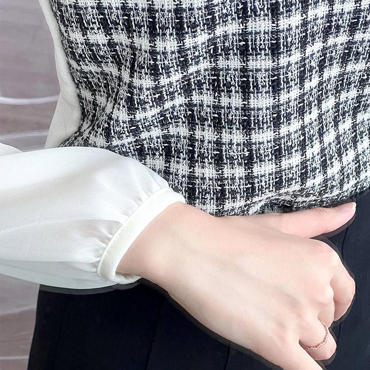 ツイードブラウス トップス 長袖 ラウンドネック オフィスカジュアル