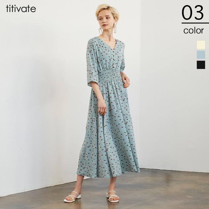 ワンピース レディース ロング丈 フレア Vネック 五分袖丈 シャーリング 体型カバー 薄手 花柄 ウエストシャーリングワンピース Avxp2630 Titivate 通販 Yahoo ショッピング