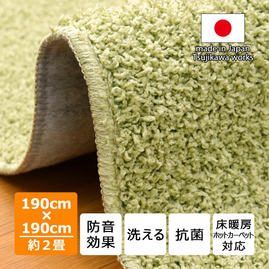 Tsujikawa カーペット 190 やわらか シャギーラグ 緑 洗える 日本製