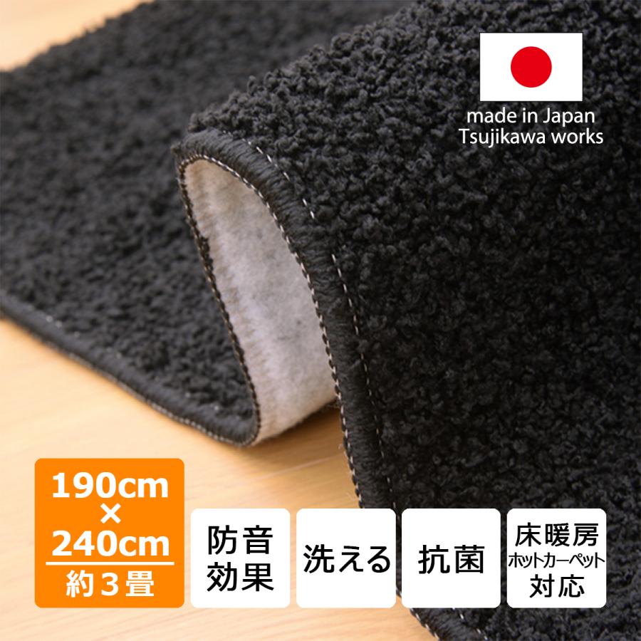 Tsujikawa カーペット 190 240 やわらか シャギーラグ 黒 洗える