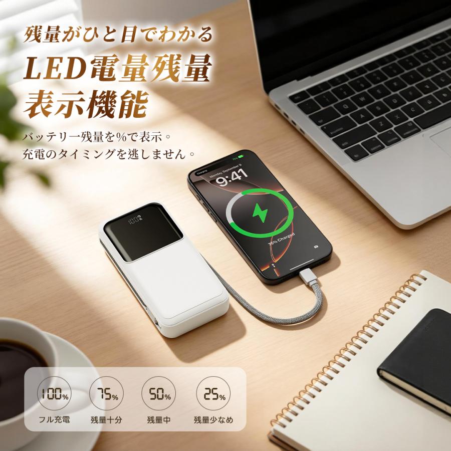 モバイルバッテリー 軽量 小型 大容量 40000mAh 2.1A急速充電 4 台同時充電 内蔵ケーブル付き LCD残量表示 PSE認証済 iPhone/Android 機種対応 旅行 停電対策 | Smoatc | 13