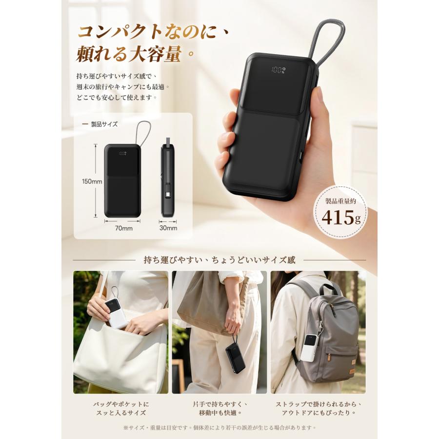 モバイルバッテリー 軽量 小型 大容量 40000mAh 2.1A急速充電 4 台同時充電 内蔵ケーブル付き LCD残量表示 PSE認証済 iPhone/Android 機種対応 旅行 停電対策 | Smoatc | 06