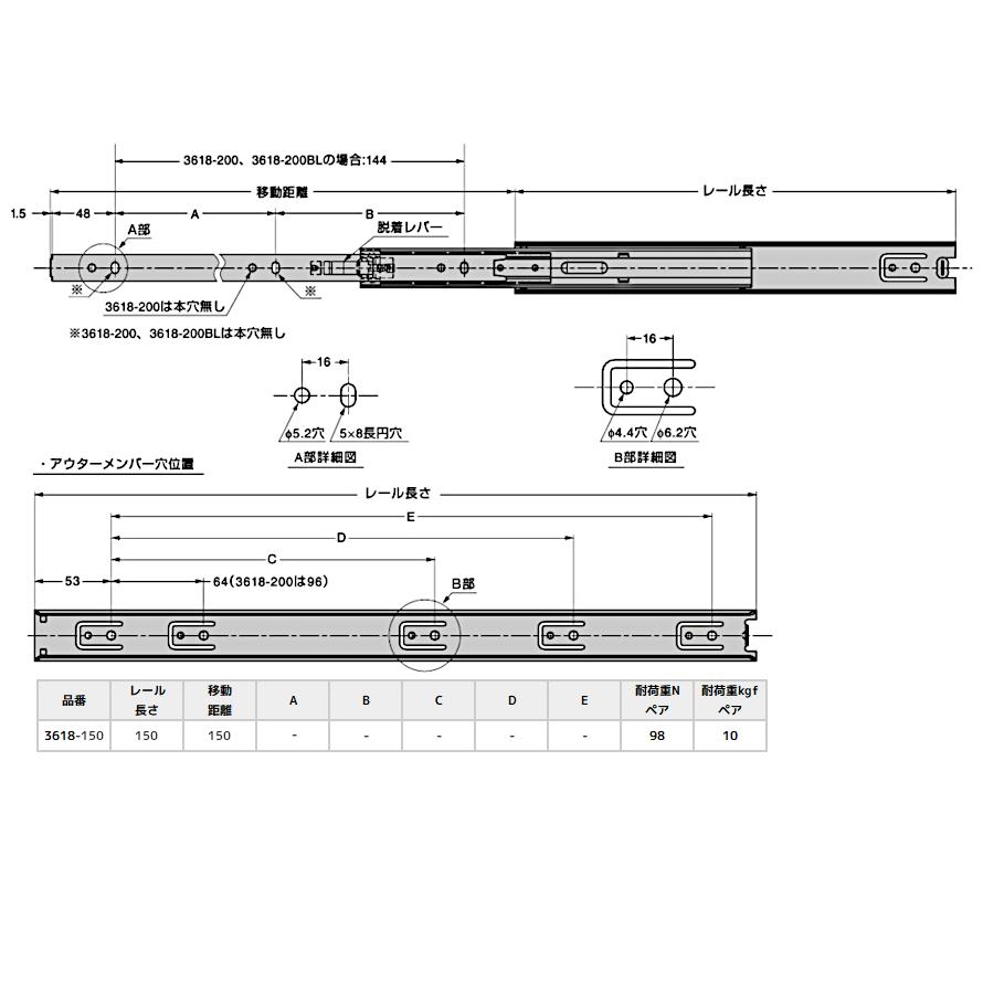 引き出し DIY 3段引スライドレール 3618-150 幅:36mm/長さ:150mm