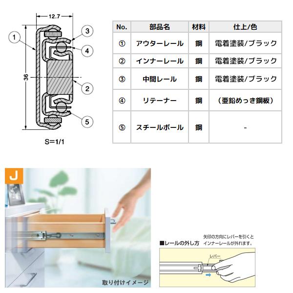 引き出し DIY 3段引スライドレール 3618-500BL ブラック 幅:36mm 長さ