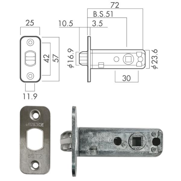 8STチューブラ錠 Rフロント 取替用 チューブラ 8分ラッチ交換用 ハイレバー交換用ラッチ LZ AL用 バックセット51mm 川口技研｜tk-kanamono-takeda｜02