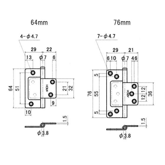 アーチ 厚口フラッシュ丁番 64ミリ/76ミリ 　シルバー/ブラウン　 ルーズピンタイプ 背押なし｜tk-kanamono-takeda｜02
