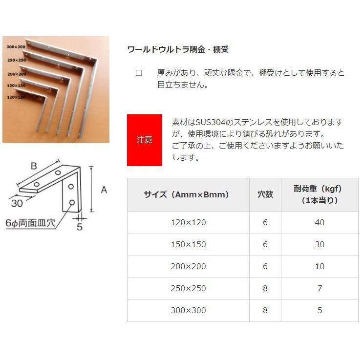 ウルトラ隅金 L型金具 150×150mm 1本入 両面共皿穴加工 ステンレス製