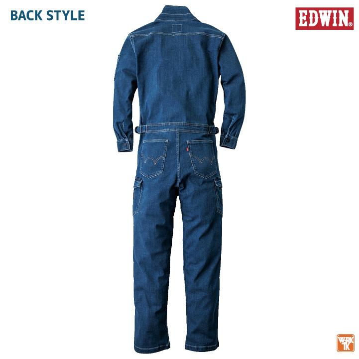 長袖デニムつなぎ服 EDWIN ストレッチ バイオウォッシュ加工 作業着