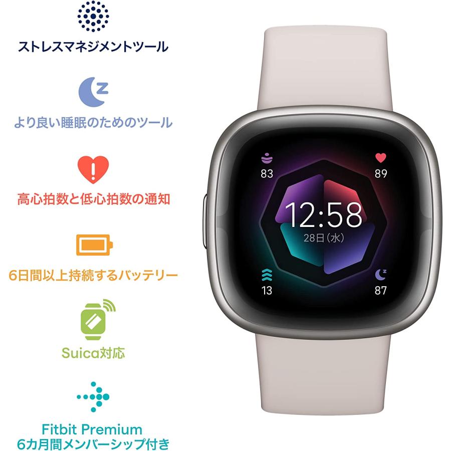 Fitbit Sense 2 ルナホワイト プラチナアルミニウム フィットビット スマートウォッチ 活動量計 フィットネストラッカー 心拍数 日本正規品｜tk-retail2-fb｜02