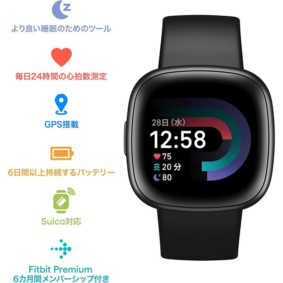 Fitbit Versa 4 ブラック グラファイトアルミニウム フィットビット スマートウォッチ 活動量計 フィットネストラッカー 心拍数 日本正規品｜tk-retail2-fb｜02