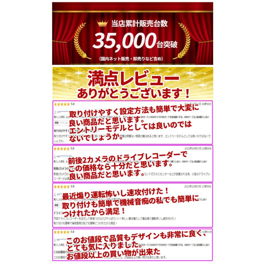ドライブレコーダー 前後 ２カメラ 小型 IPS液晶 暗視 WDR 200万画素 高画質 1080P 140度 Gセンサー 安心保証 日本語説明書 |  | 01