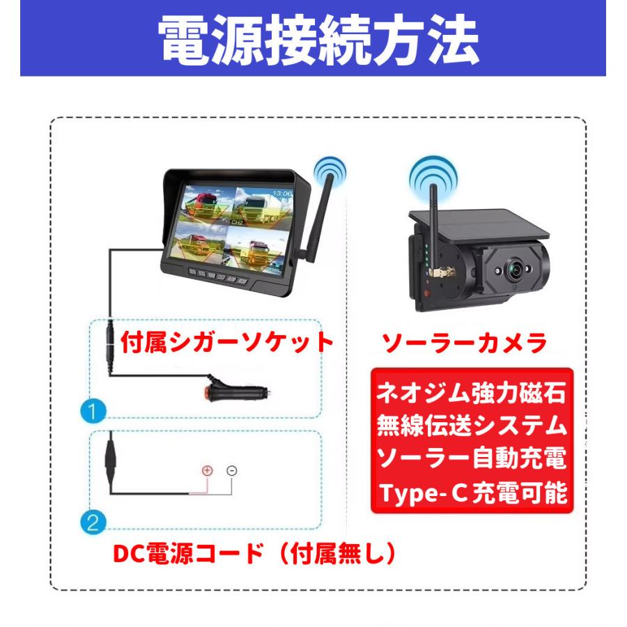 ワイヤレス ソーラー充電式 バックカメラ 増設 追加用 配線工事不要 1分取付 バックカメラ 強力磁石搭載 デジタル信号 DC9v~36v対応 録画機能付 1年間販売店保証 |  | 11