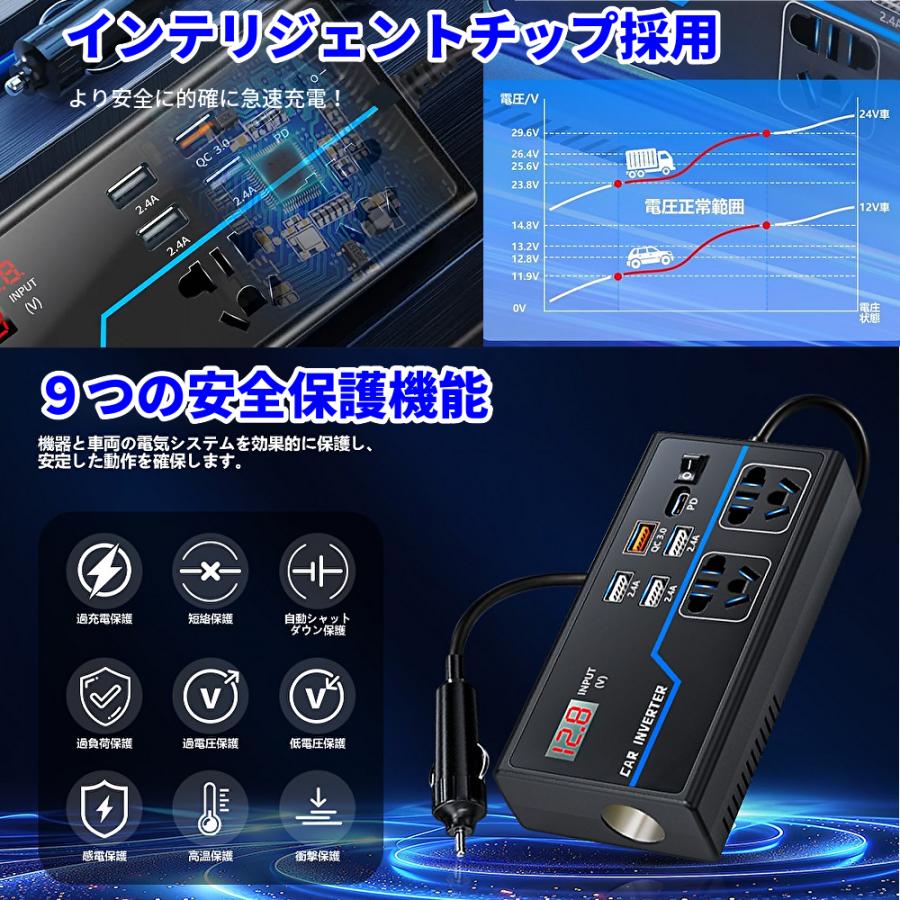 200W インバーター 12V/24V 110V シガーソケット コンセント カー