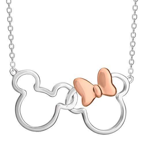 Disney Mickey and Minnie Mouse Jewelry for Women, Silver Plated Interlocking Mickey and Minnie Mouse Pendant Necklace; 並行輸入品