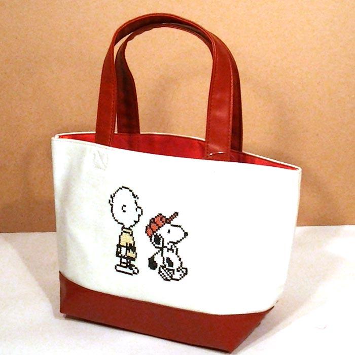 スヌーピー＆チャーリーブラウン クロスステッチ刺繍入り  帆布＆合成皮革 トートバッグ・ゴルフプレーヤー 0219-34　プレゼント ギフト | SNOOPY
