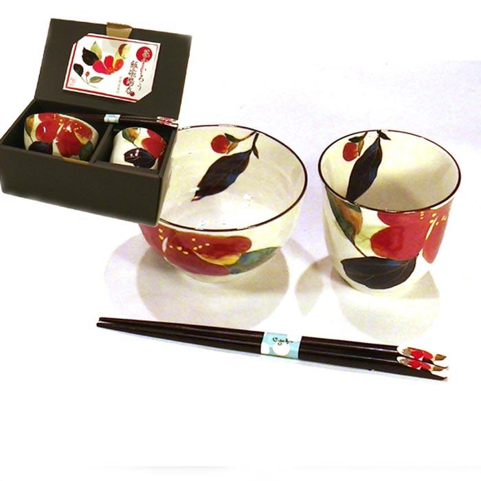 食器 プレゼント おひとり様 ギフト 「茶碗 湯のみ 七宝焼の箸」セット 　「花かいろう・さざんか」　プレゼント ギフト 0511-58 | ブランド登録なし