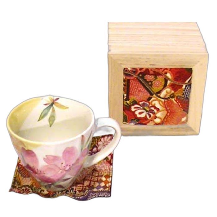 マグカップ 花柄 ちりめん木箱入 コースター付き 美濃焼 花かおり ツツジ ピンク 0611-07　プレゼント ギフト | セラミック藍