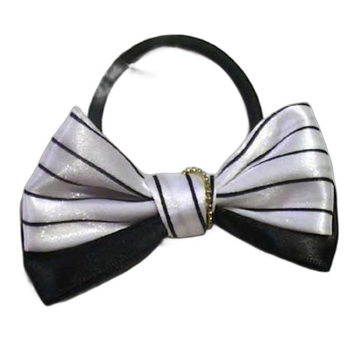 ピンストライプ＆無地リボン付き　ヘアゴム ホワイト 1127-23　プレゼント ギフト | ブランド登録なし